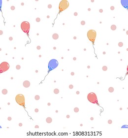 Vector pattern with festive multicolored balloons in a flat style on a white background. Balloons for invitations, postcards, weddings, posters, holidays, jewelry, pajamas.