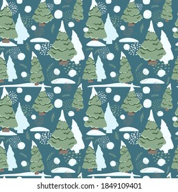 Vector pattern with fir trees in the snow on a blue background. Cute illustration for the decor of children's books, postcards, textiles, fabrics, clothes, etc.