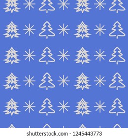 vector pattern of fir-trees and snowflakes on blue background