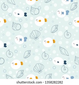 vector pattern of fish and shellfish in the style of doodle.