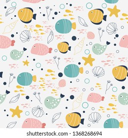 vector pattern of fish and shellfish in the style of doodle.