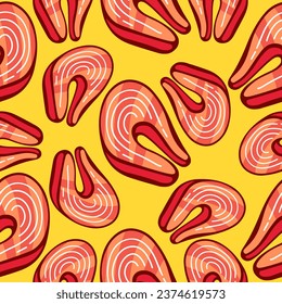 Vector pattern with fish steaks in doodle cartoon style.