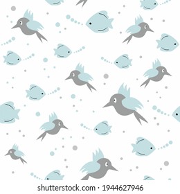
vector pattern with fishes and birds
 and bubbles
 in blue, gray and white