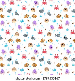 Vector pattern with fishes, octopus, puffer fish, crab, small whale, clown fish. Cute sea animal background. Cute aquarium pattern. Cute undersea background Fashion pattern for print, wrapping paper