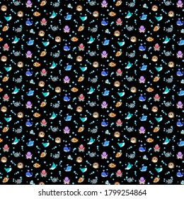 Vector pattern with fishes, octopus, puffer fish, crab, small whale, clown fish. Cute sea animal background. Cute aquarium pattern. Cute undersea background Fashion pattern for print, wrapping paper