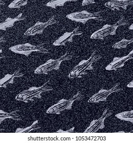 Vector pattern with fishes, texture effect. Contour fishes on black blue background