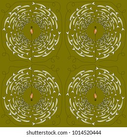 Vector pattern of fishing bait with fishes in the sea. Multicolor illustration whit flock of fish in a circular composition. Can be used in design interior, textiles, posters,logo for fishing club.