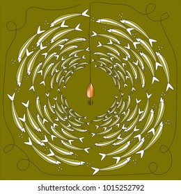 Vector pattern of fishing bait with fishes in the sea. Multicolor illustration whit flock of fish in a circular composition. Can be used in design interior, textiles, posters,logo for fishing club.