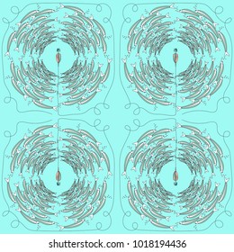 Vector pattern of fishing bait with fishes in the sea. Multicolor illustration whit flock of fish in a circular composition. Can be used in design interior, textiles, posters,logo for fishing club.