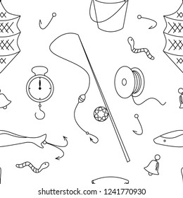 Vector pattern of fishing supplies in black and white colors