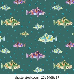 Vector pattern with fish.Seamless pattern with colorful fish and bubbles on a blue background.