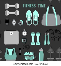 Vector pattern of fitness elements: gym bag, running shoes, weights, scales, bottle, weights, gloves, timer, jump rope. Top view.