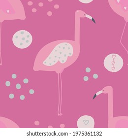 Vector pattern with a flamingo bird on a lilac background. Seamless pattern for printing on children's textiles.