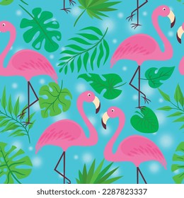 Vector pattern with flamingos and palm leaves on a blue background. Background with flamingos for fabric, wrapping paper.