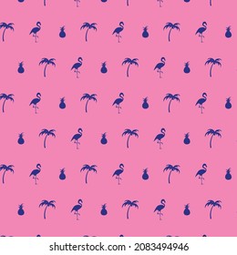 Vector pattern of flamingos, palm trees and pineapples in dark blue on pink background. Ideal as background for advertisement, gift wrap, textile or print