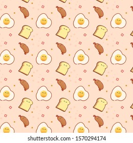Vector pattern flat design characters of cute breakfast. cartoon egg, toast, sausage