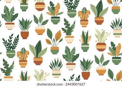 Vector pattern with flat hand drawn house plants in various pots on a white background. Greenhouse. and interior decoration Texture with greenery in flowerpots for wrapping paper, wallpaper.