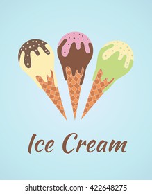 vector pattern with flat illustrations of ice cream , place for text card with sweets on a blue background