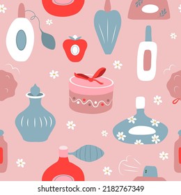 vector pattern in a flat style with a variety of perfume bottles