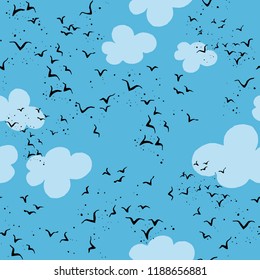 Vector pattern with flock of birds and clouds on blue sky background. Seamless pattern can be used for wallpaper, pattern fills, web page background, surface textures.