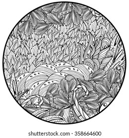 Vector pattern floral elements. Coloring book page for adult. round form