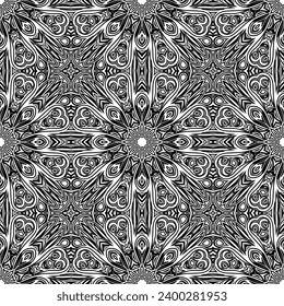 vector pattern with floral elements. Geometric ornament for wallpapers and backgrounds. Black and white pattern