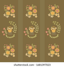 Vector pattern with floral elements, small and large leaves in a basket, on the edge, in color, for wallpaper, prints, patterns, background, knitted, forest, garden.
