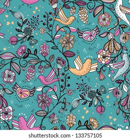 vector  pattern with floral garlands and flying birds