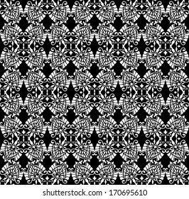 Vector pattern with floral and geometrical ornament. Decorative seamless background isolated on black