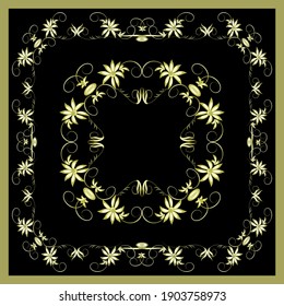 Vector pattern floral golden ornament in a square on a black background for the design of silk scarves, hijab, bandana. Square tablecloth, napkin.