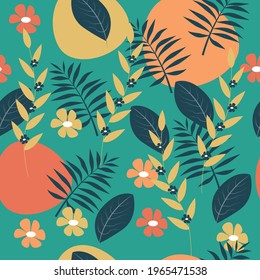 patrón vectorial con motivos florales.
imagen de patrón plano con hojas verdes, flores sobre fondo verde