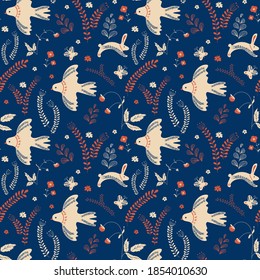 Vector pattern. Floral ornament with birds, hares and strawberries.