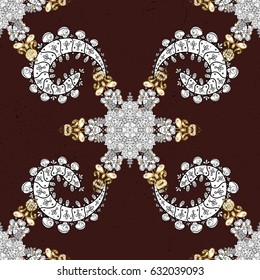 Vector pattern with floral ornament. Golden ornate illustration for wallpaper. Vintage design element in Eastern style. Traditional arabic decor on brown background. Ornamental lace tracery.