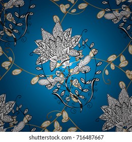 Vector pattern with floral ornament. Ornamental lace tracery. Golden ornate illustration for wallpaper. Traditional arabic decor on blue, white colors. Vintage design element in Eastern style.