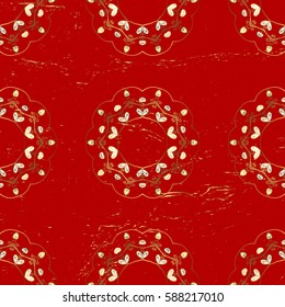 Vector pattern with floral ornament. Traditional arabic decor on red background. Golden ornate illustration for wallpaper. Vintage design element in Eastern style. Ornamental lace tracery.