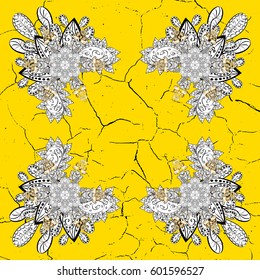 Vector pattern with floral ornament. Traditional arabic decor on yellow background. Ornamental lace tracery. White ornate illustration for wallpaper. Vintage design element in Eastern style.