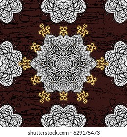 Vector pattern with floral ornament. Vintage design element in Eastern style. Ornamental lace tracery. Traditional arabic decor on brown background. Golden ornate illustration for wallpaper.