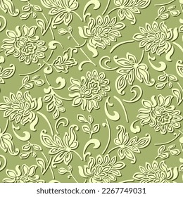 Patrón vectorial con adorno floral.Flores abstractas con sombra sobre fondo verde en un patrón vectorial.