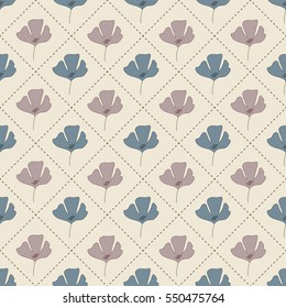 Vector pattern with flower buds in dashed squares. Seamless color illustration