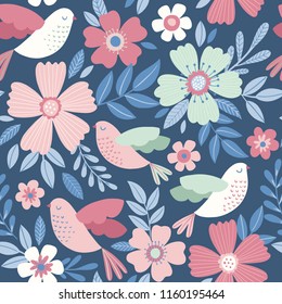 Vector pattern with flowers and birds. Seamless floral design.