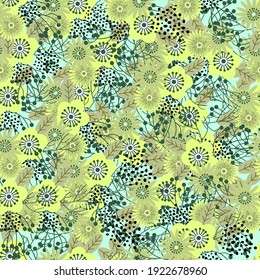 vector pattern with flowers of blue and green color with black dots on beige isolated background, vector simple cute geometric seamless pattern