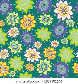 Vector pattern with flowers. Bright flowers on a dark green background. Floral pattern for printing on clothing, wallpaper, wrapping paper.