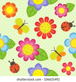 Vector pattern with flowers, butterflies and ladybugs