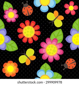 Vector pattern with flowers, butterflies and ladybugs