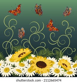 Vector pattern with flowers and decor.Daisies, sunflowers and butterflies on a colored background in a vector pattern.