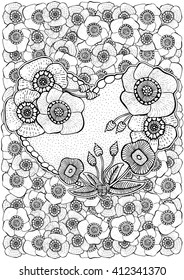 vector  pattern with flowers and heart. Coloring book page for adult and kids. format A4