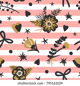Vector pattern with flowers and hearts and stripes. Perfect for valentines day, birthday, save the date invitation, for the design of postcards, posters, stickers and so on.