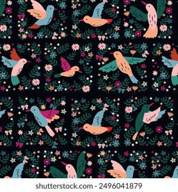 Vector pattern with flowers and hummingbirds. Beautiful trendy background for packaging, fabric, wallpaper.