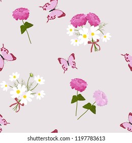 Vector pattern with flowers kosmeja, chrysanthemum and butterflies. For decoration of textiles, packaging, wallpaper. Vector illustration.