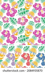 Vector pattern of flowers, leaves and cartoon pineapple. Pool illustration.
